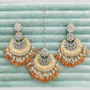 Rajwadi Collection Elegant Kundan Stone and Pearl Meenakari Dangler Earrings With Maangtikka