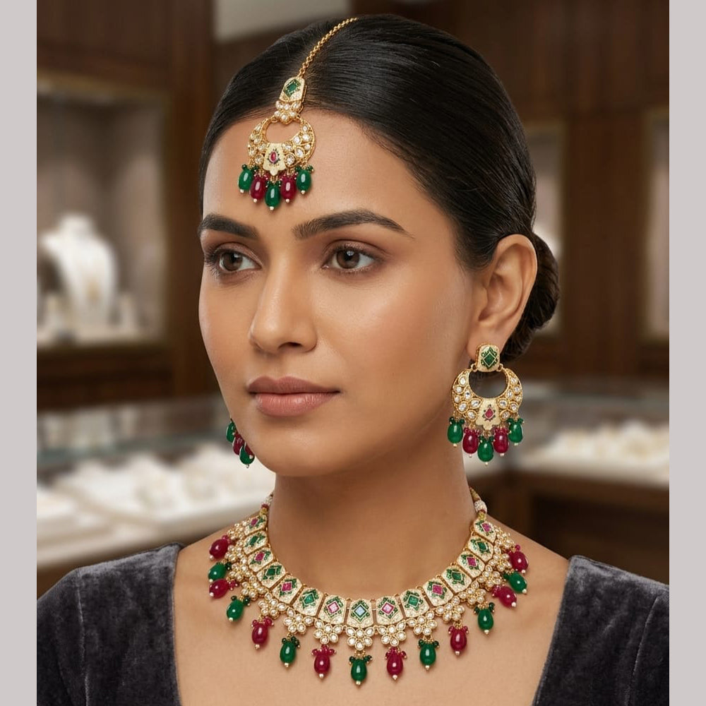 Rajwadi Collection Royal Kundan Stone And Beads Meenakari Necklace Set
