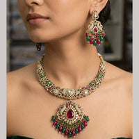 Rajwadi Collection Elegant Polki Kundan Stone And Beads Necklace Set