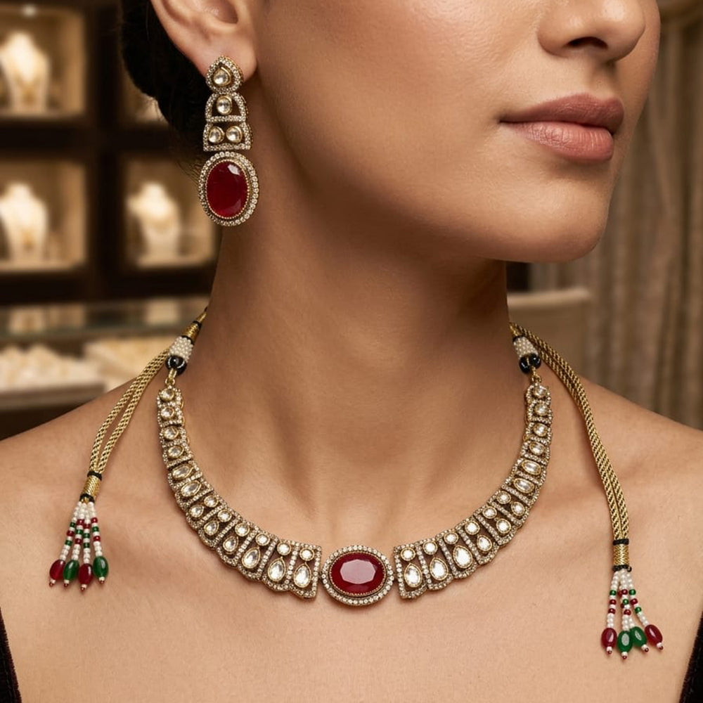 Rajwadi Collection Elegant Polki Kundan Stone Necklace Set