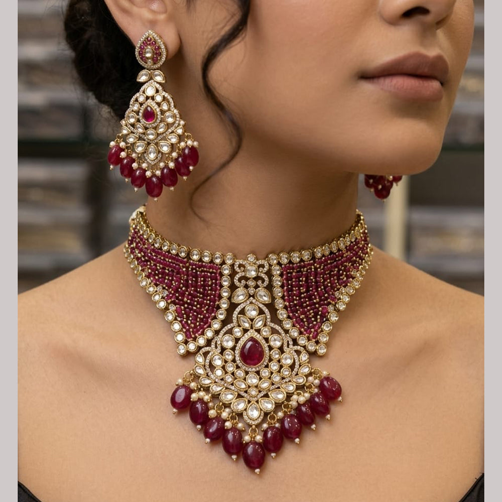 Rajwadi Collection Elegant Polki Kundan Stone And Beads Choker Necklace Set