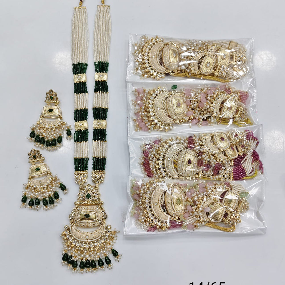 Rajwadi Collection Premium Pota Stone And Pearl Meenakari Long Necklace Set