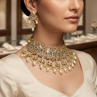 Rajwadi Collection Exquisite Polki Kundan Stone Pearl And Beads Choker Necklace Set