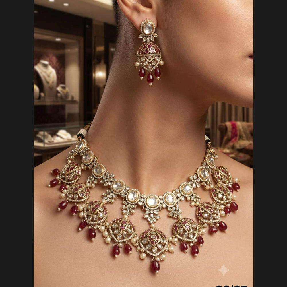 Rajwadi Collection Exquisite Polki Kundan Stone Pearl And Beads Choker Necklace Set 