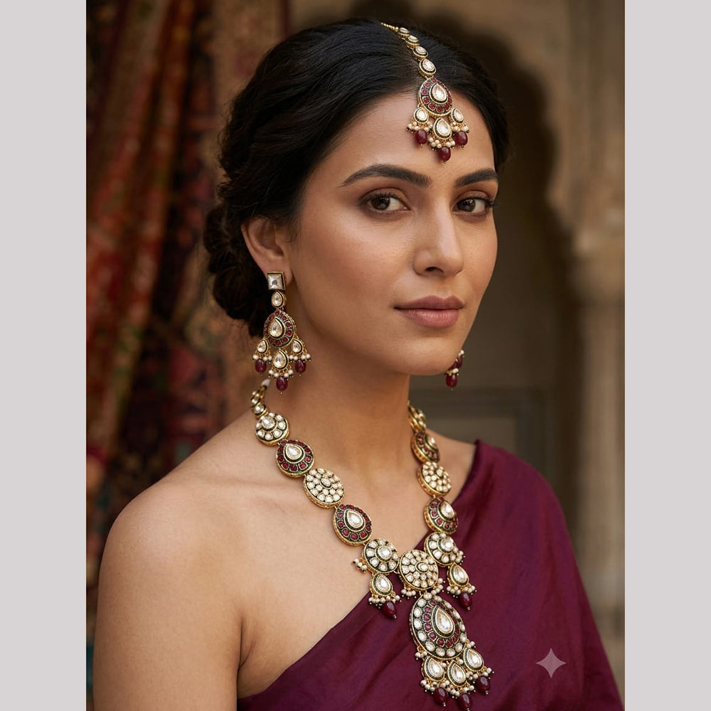 Rajwadi Collection Polki Kundan Stone Pearl And Beads Necklace Set 