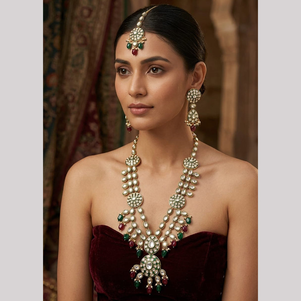 Rajwadi Collection Polki Kundan Stone Pearl And Beads Necklace Set 
