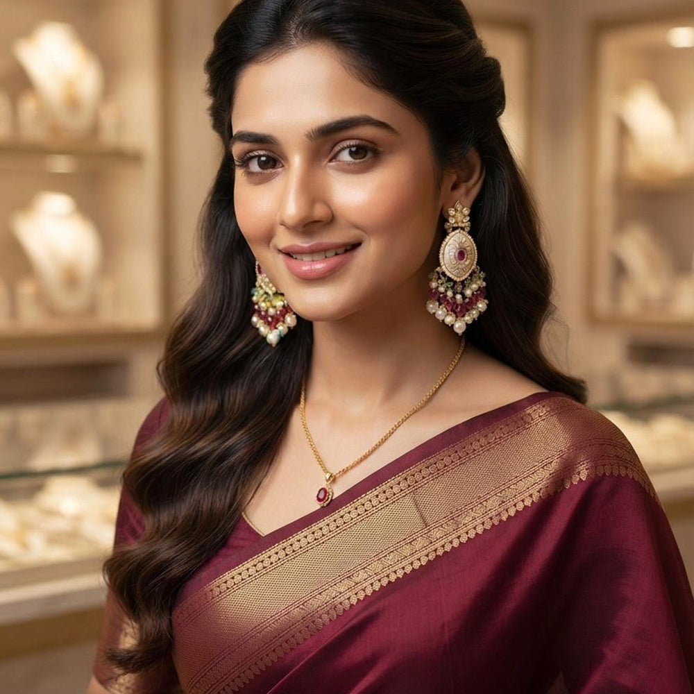 Rajwadi Collection Elegant Kundan Stone and Pearl  Meenakari Dangler Earrings