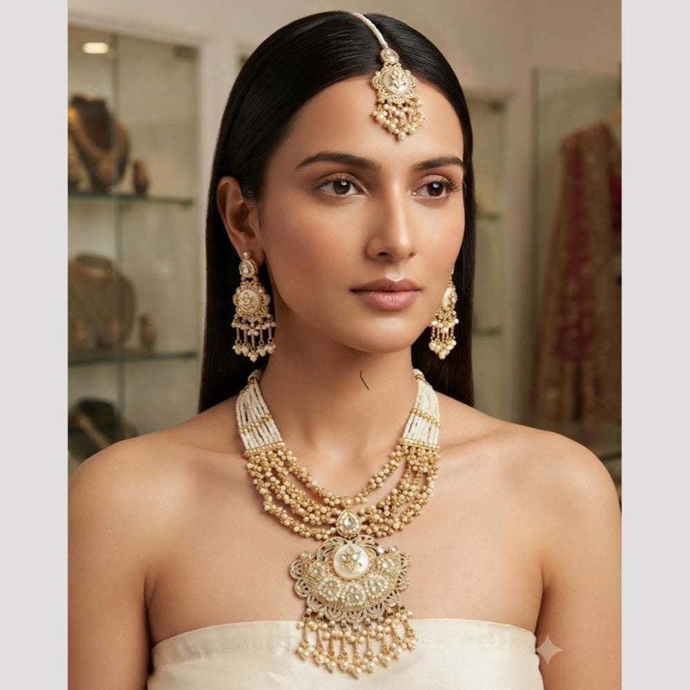 Rajwadi Collection Premium Pota Stone And Pearl Necklace Set for Women