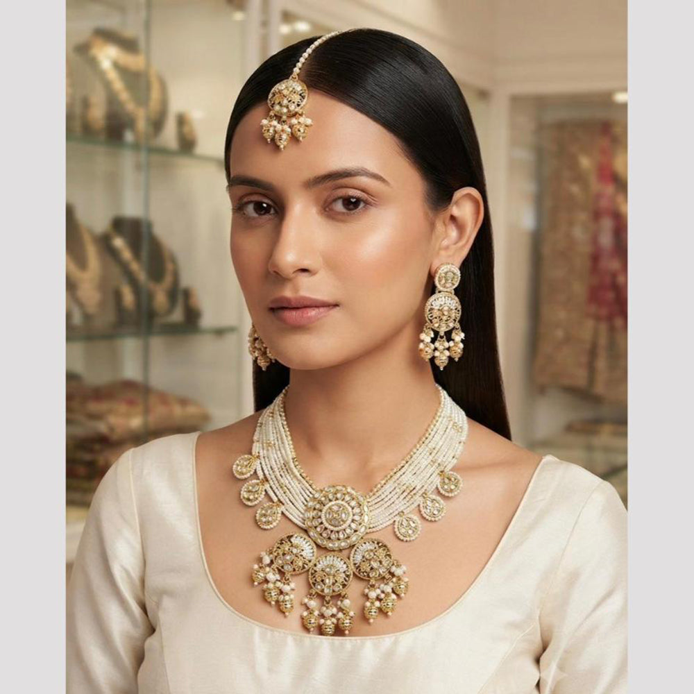 Rajwadi Collection Premium Pota Stone And Pearl Necklace Set for Women