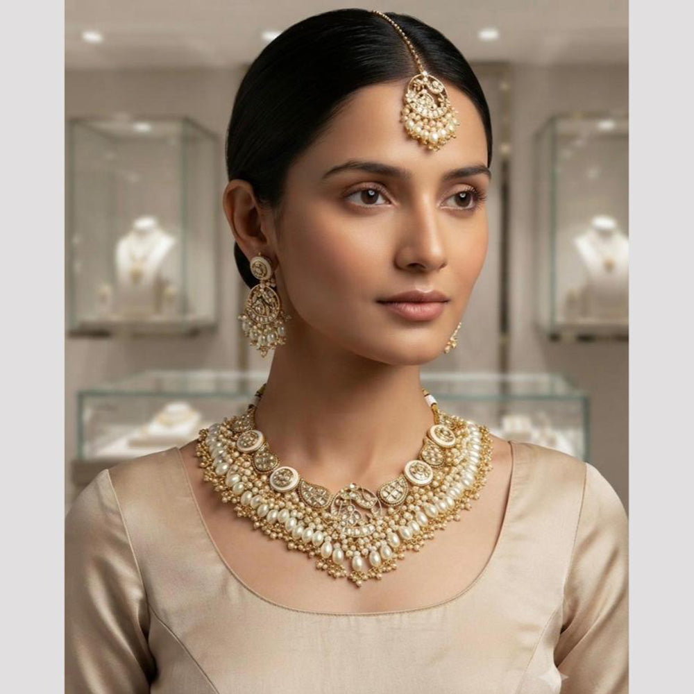 Rajwadi Collection Premium Pota Stone And Pearl Necklace Set for Women