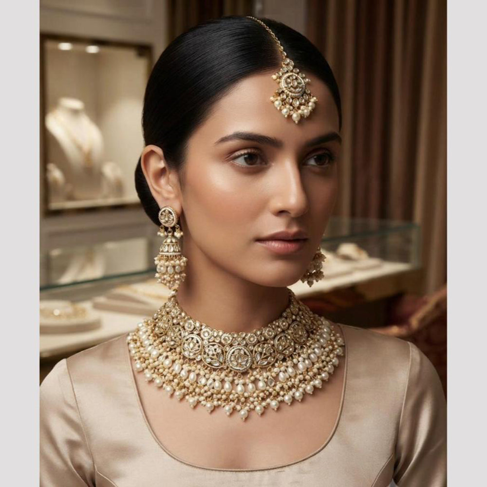 Rajwadi Collection Classic Kundan Stone And Pearl Choker Neckalce Set