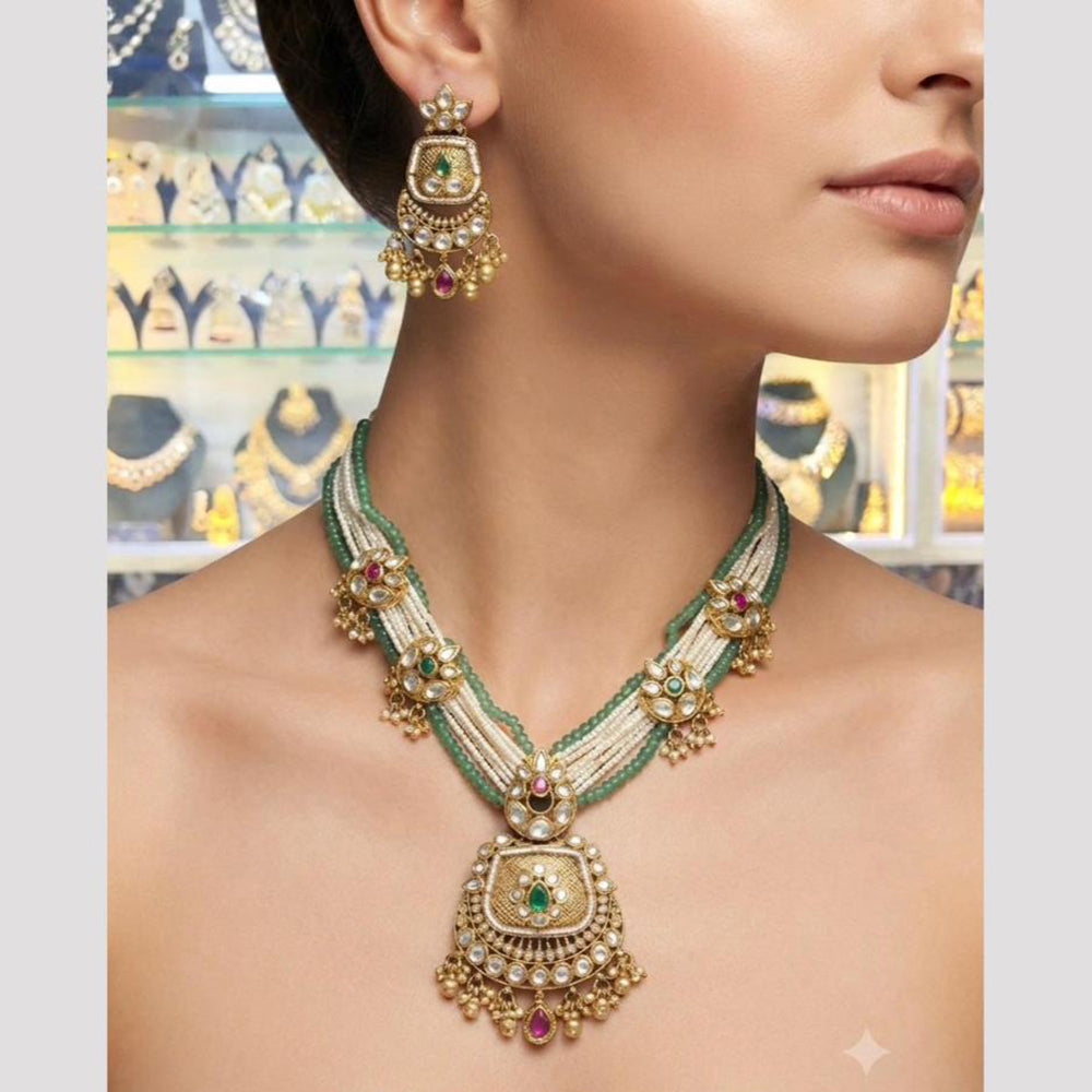 Rajwadi Collection Premium Pota Stone And Pearl Necklace Set for Women