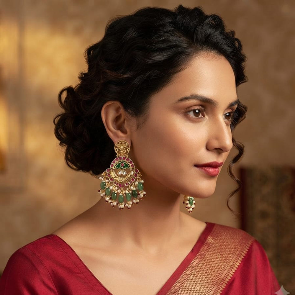 Rajwadi Collection Elegant Pota Stone And Pearl Dangler Earrings