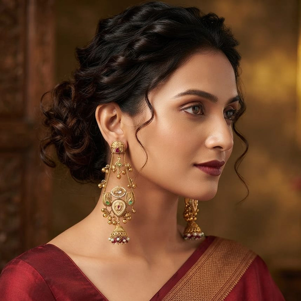 Rajwadi Collection Elegant Pota Stone And Pearl Jhumki Earrings