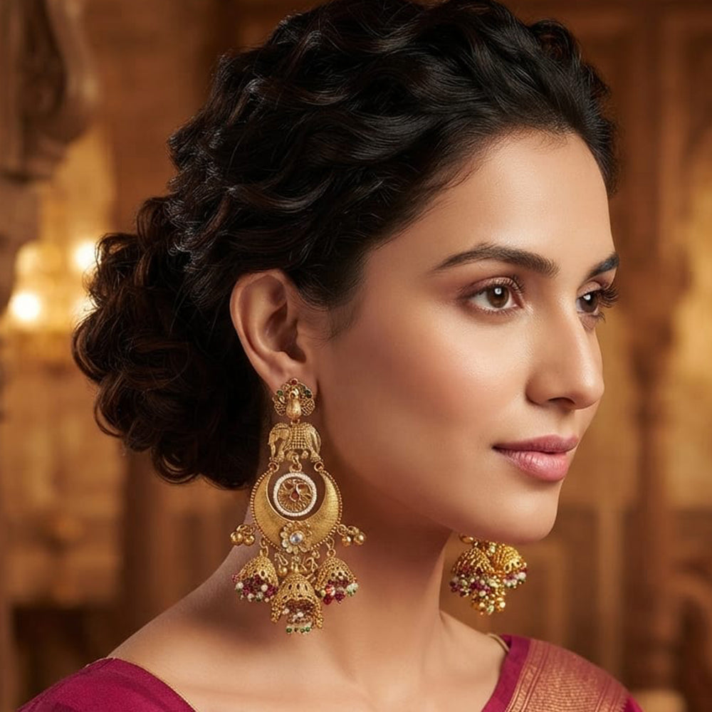 Rajwadi Collection Elegant Pota Stone And Pearl Jhumki Earrings