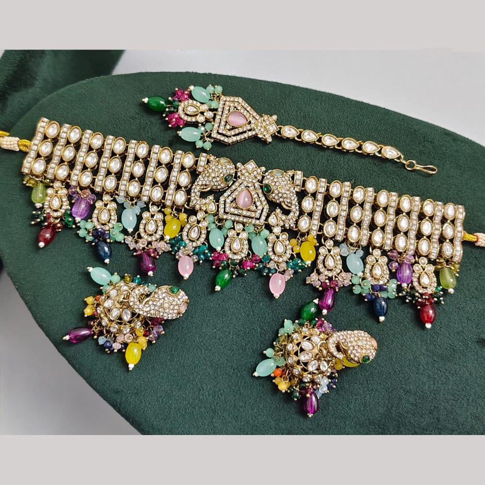 Rajwadi Collection Premium Pota Stone And Pearl Choker Necklace Set