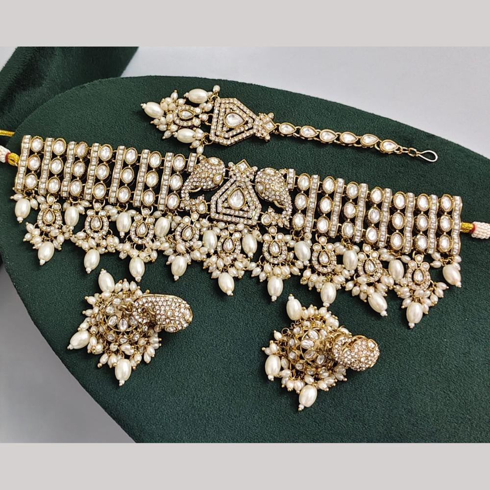 Rajwadi Collection Premium Pota Stone And Pearl Choker Necklace Set