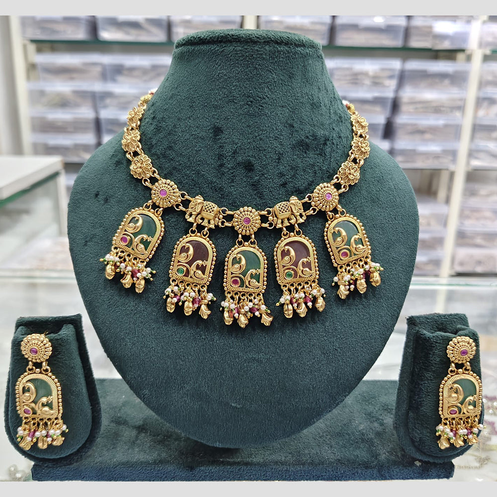 Rajwadi Collection Premium Pota Stone And Pearl Necklace Set