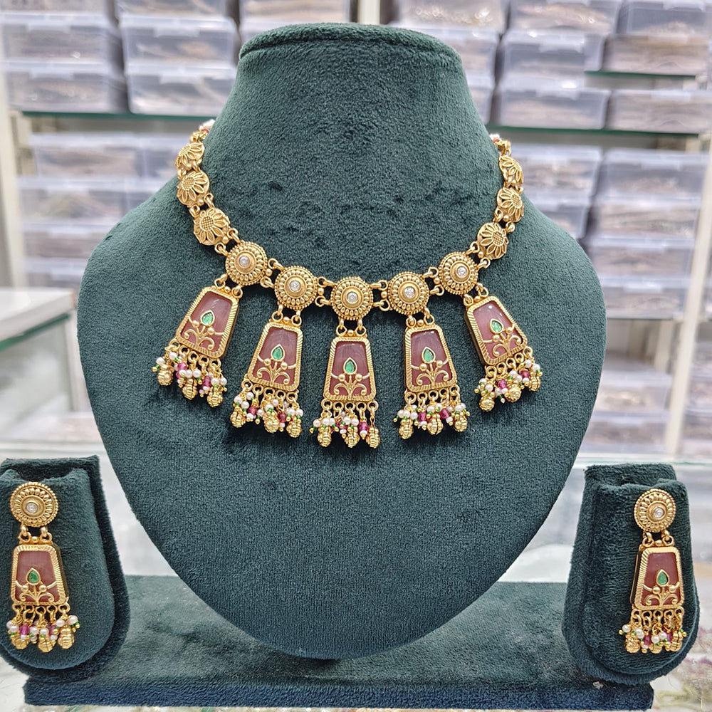 Rajwadi Collection Premium Pota Stone And Pearl Necklace Set
