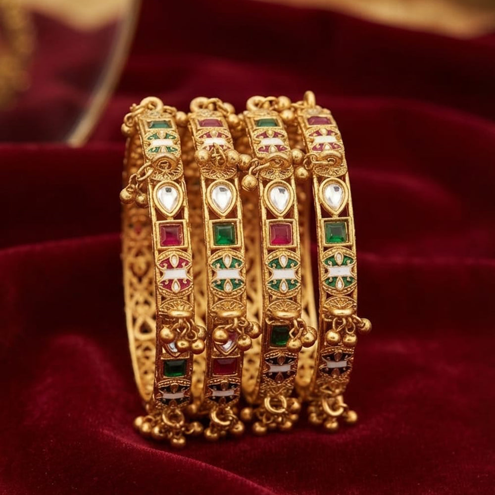 Rajwadi Collection Premium Pota Stone And Pearl Meenakari Bangles Set