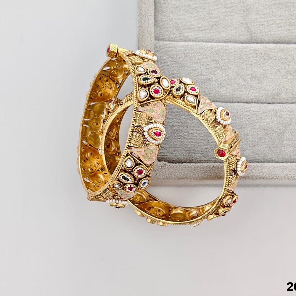 Rajwadi Collection Premium Pota Stone And Pearl Meenakari Openable Bangles Set