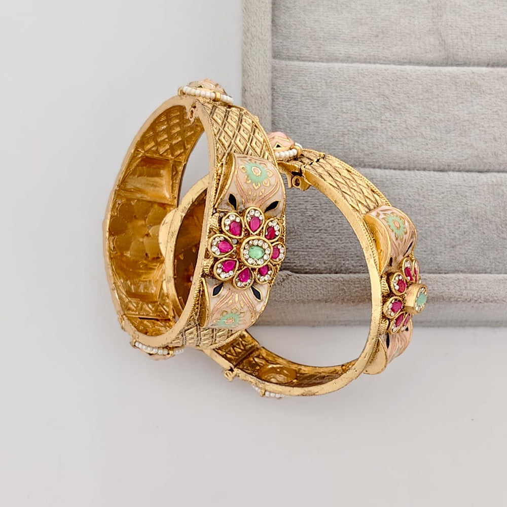 Rajwadi Collection Premium Pota Stone And Pearl Meenakari Openable Bangles Set