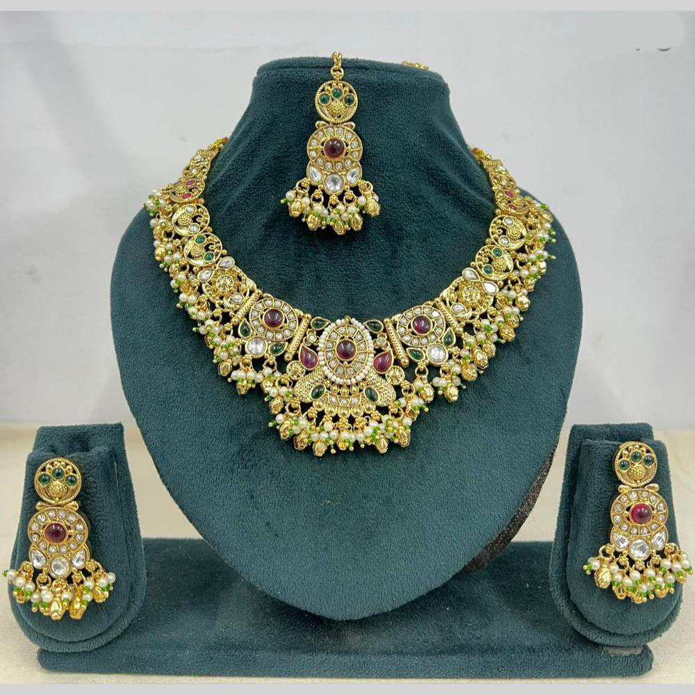 Rajwadi Collection Premium Pota Stone And Pearl Necklace Set