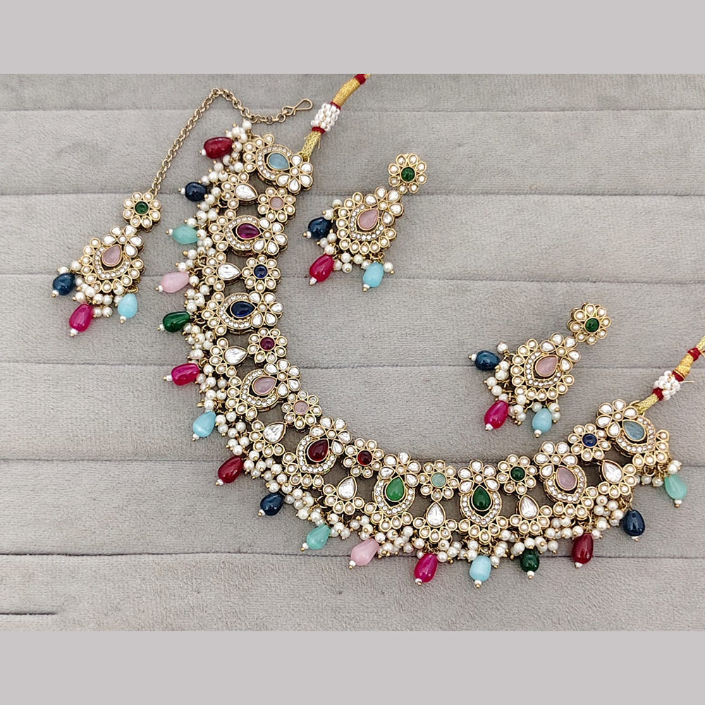 Rajwadi Collection Premium Pota Stone And Pearl Necklace Set
