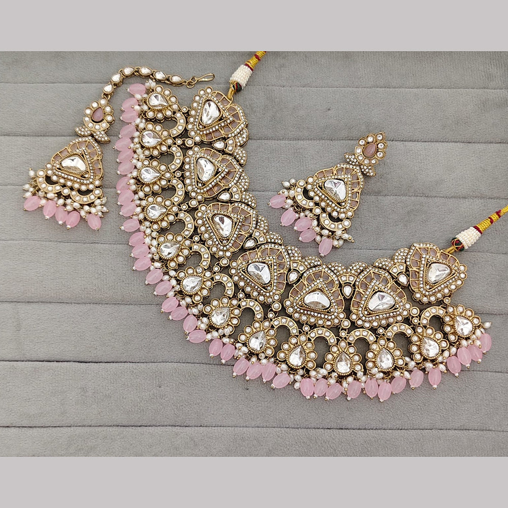 Rajwadi Collection Premium Pota Stone And Pearl Necklace Set