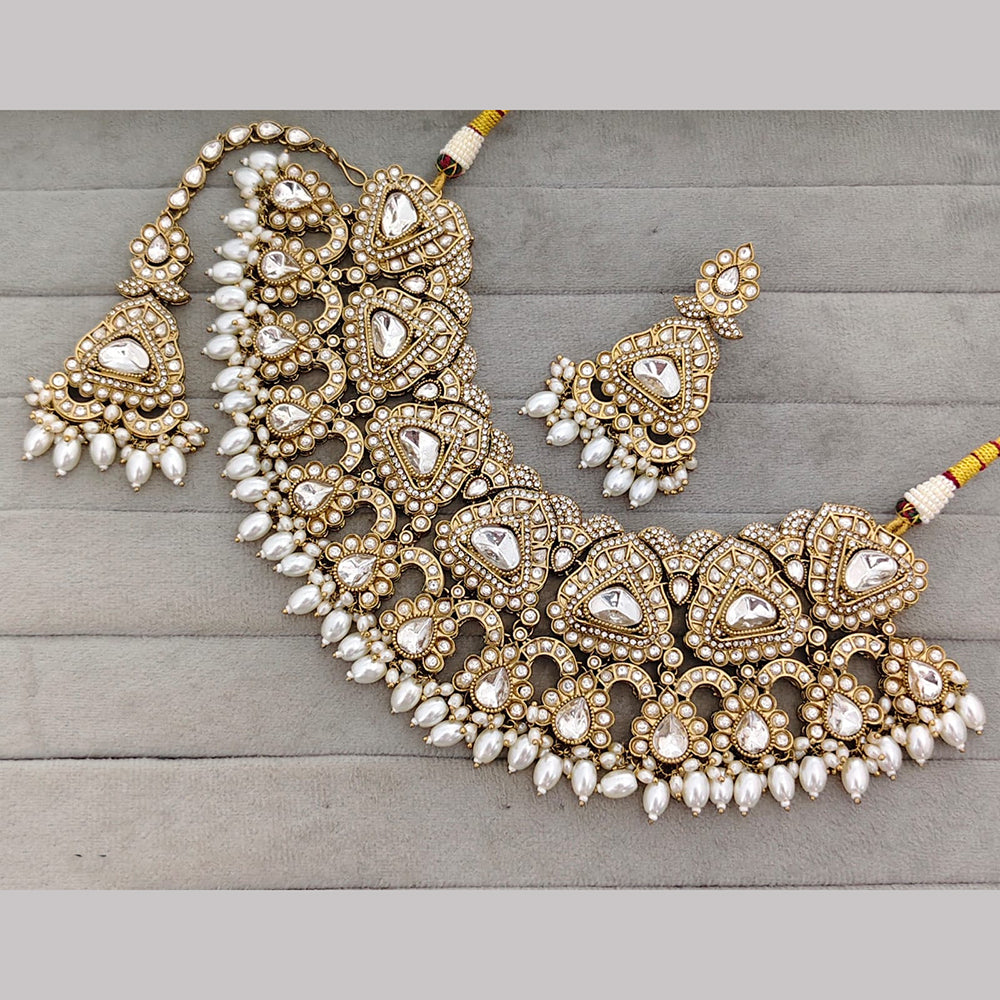 Rajwadi Collection Premium Pota Stone And Pearl Necklace Set