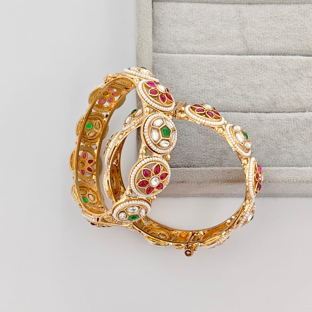 Rajwadi Collection Premium Pota Stone And Pearl Openable Bangles Set