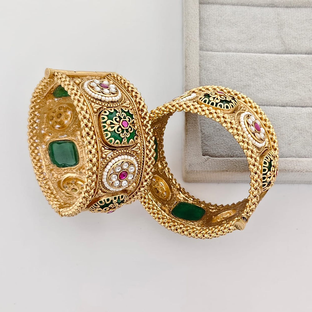 Rajwadi Collection Premium Pota Stone And Pearl Openable Bangles Set