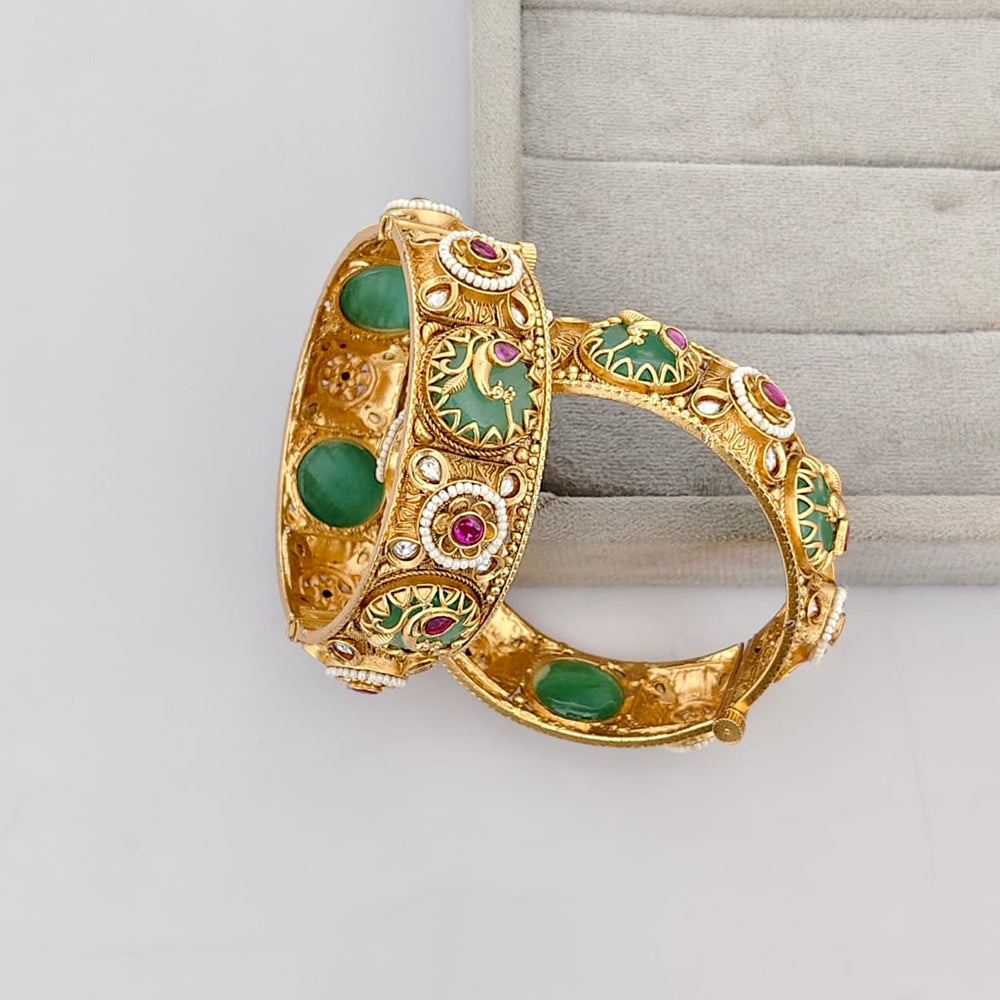 Rajwadi Collection Premium Pota Stone And Pearl Openable Bangles Set