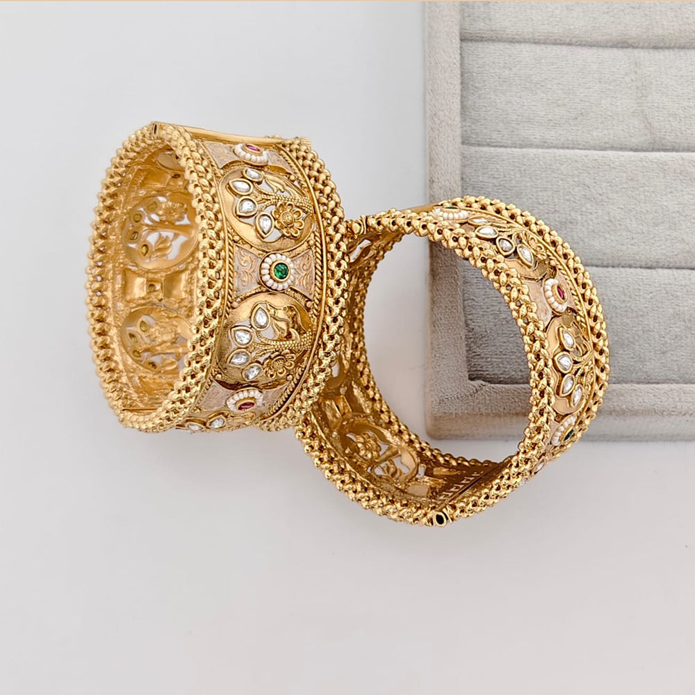 Rajwadi Collection Premium Pota Stone And Pearl Meenakari Openable Bangles Set
