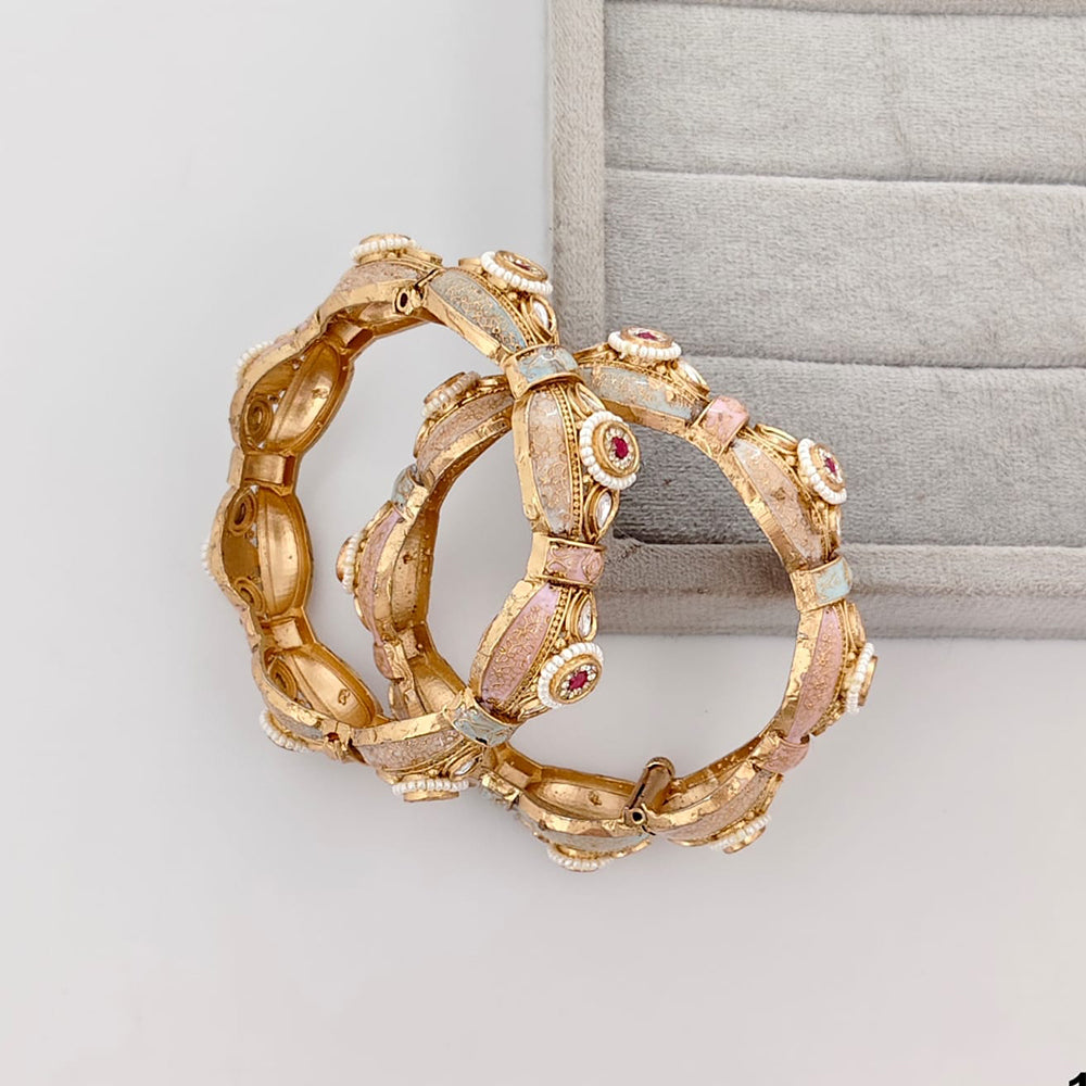 Rajwadi Collection Premium Pota Stone And Pearl Meenakari Openable Bangles Set