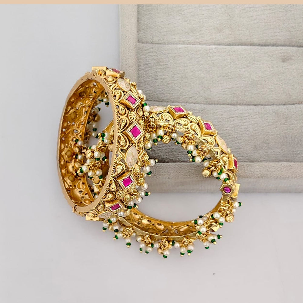 Rajwadi Collection Premium Pota Stone And Pearl Meenakari Openable Bangles Set