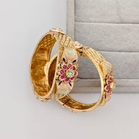 Rajwadi Collection Premium Pota Stone And Pearl Meenakari Openable Bangles Set