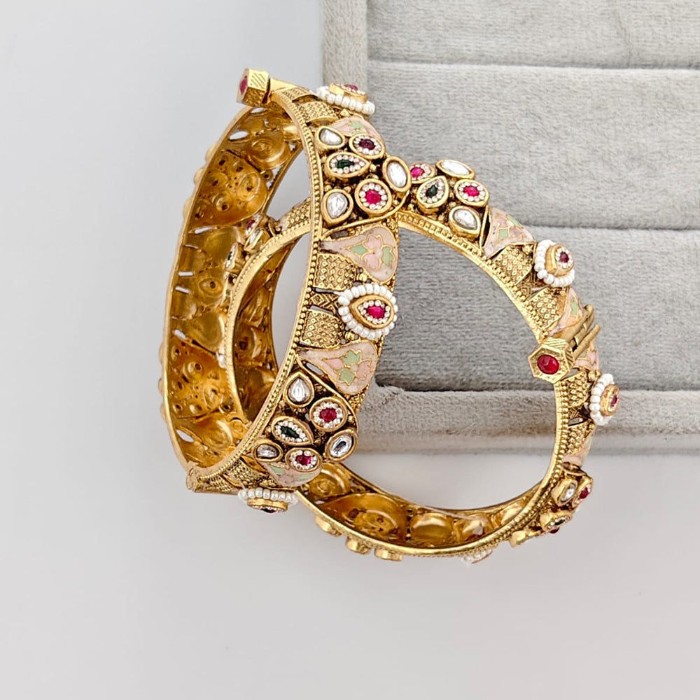 Rajwadi Collection Premium Pota Stone And Pearl Meenakari Openable Bangles Set
