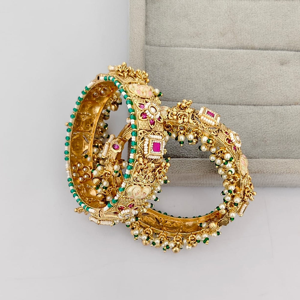 Rajwadi Collection Premium Pota Stone And Pearl Meenakari Openable Bangles Set