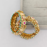 Rajwadi Collection Premium Pota Stone And Pearl Meenakari Openable Bangles Set