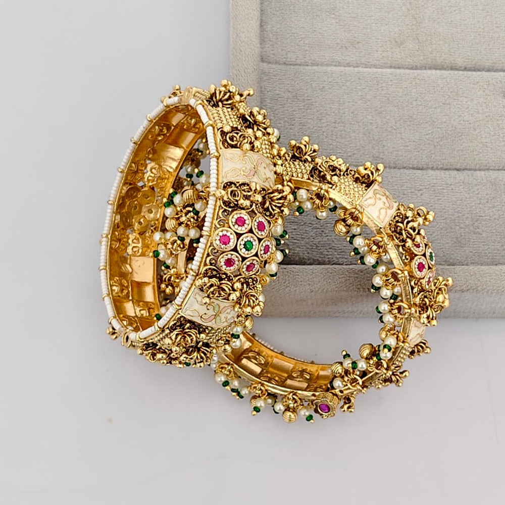 Rajwadi Collection Premium Pota Stone And Pearl Meenakari Openable Bangles Set