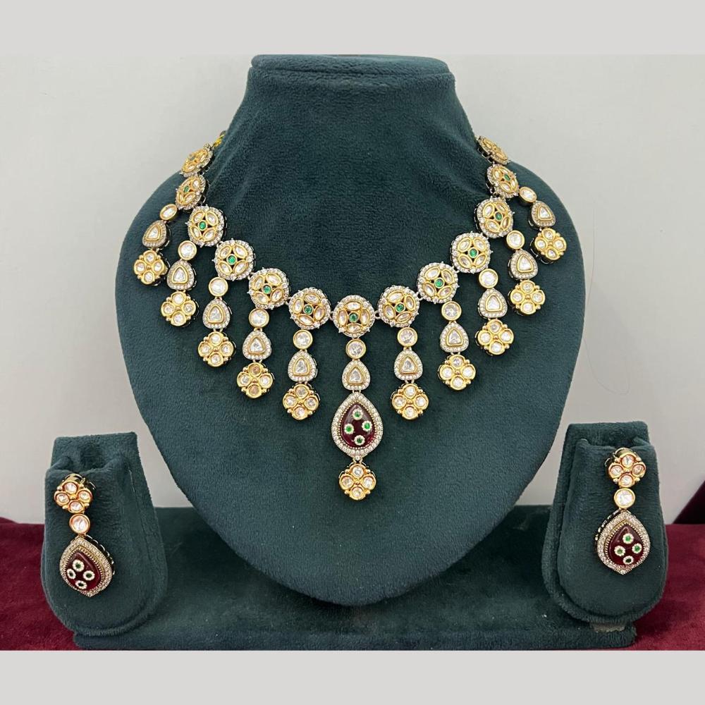 Rajwadi Collection Stylish Pota Stone And Polki Kundan Necklace Set