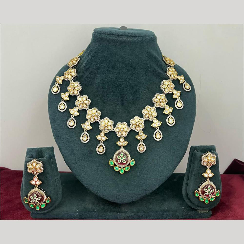 Rajwadi Collection Stylish Pota Stone And Polki Kundan Necklace Set