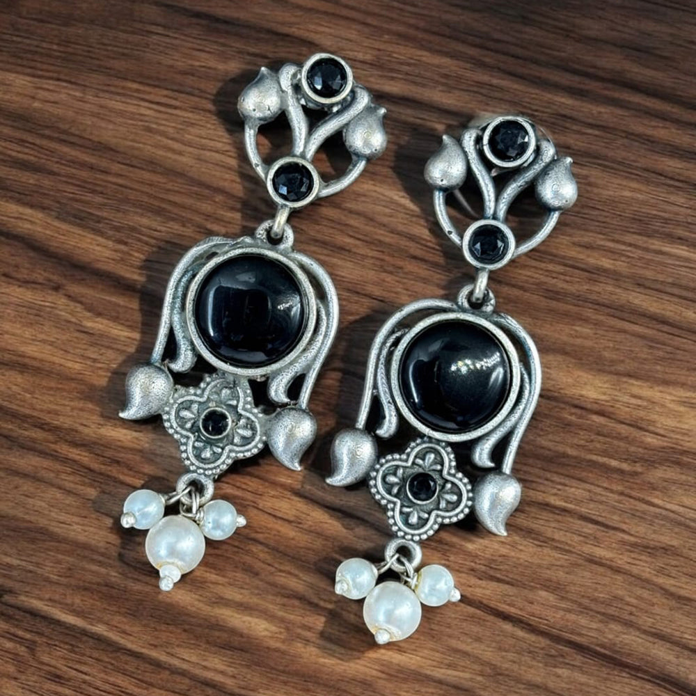 Maharani Jewels Oxidised Plated Pota Stone And  Pearl Dangler Earrings