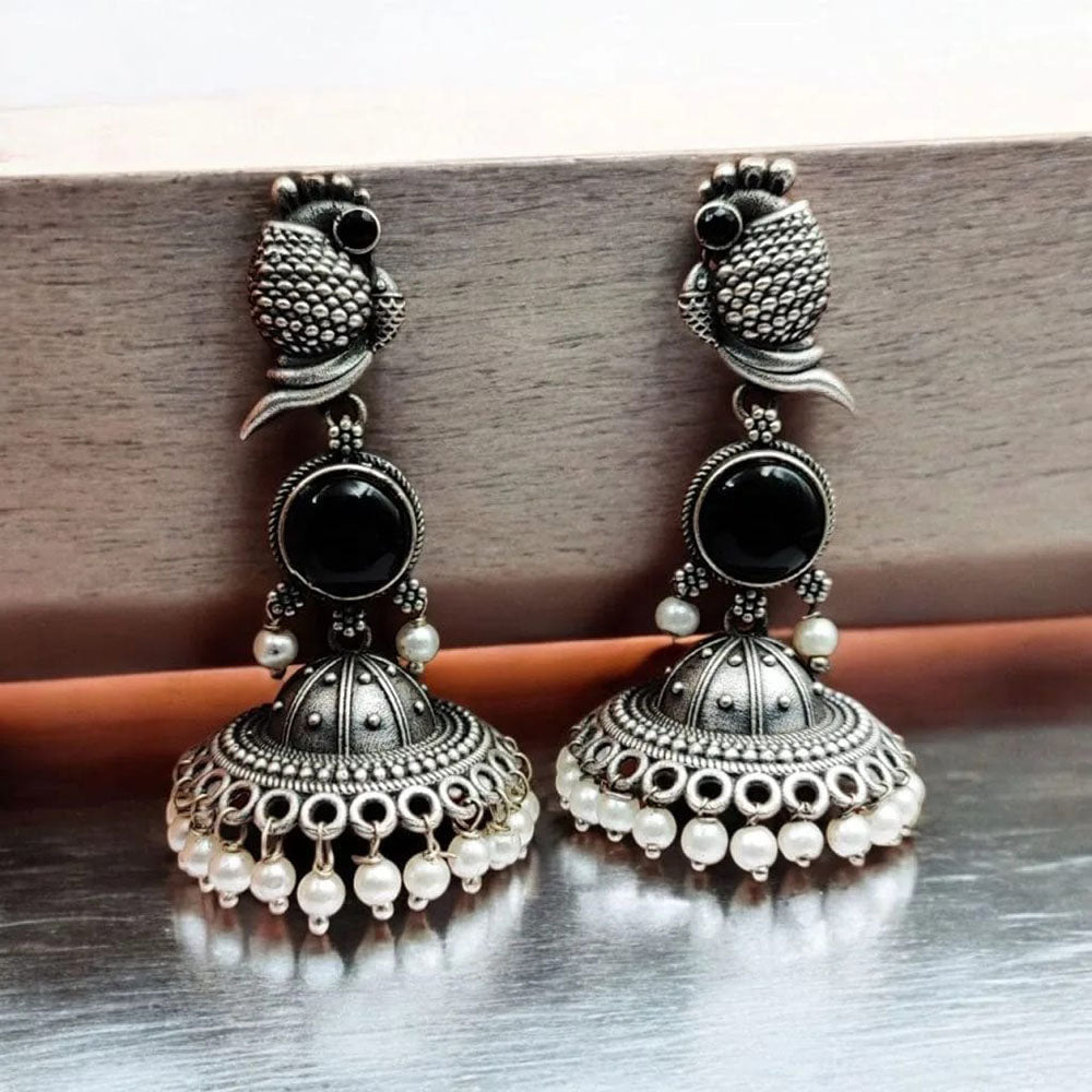 Maharani Jewels Oxidised Plated Pota Stone And Pearl Jhumki Earrings