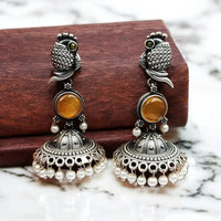 Maharani Jewels Oxidised Plated Pota Stone And Pearl Jhumki Earrings