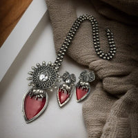 Maharani Jewels Oxidised Plated Pota Stone And Pearls Long Necklace Set