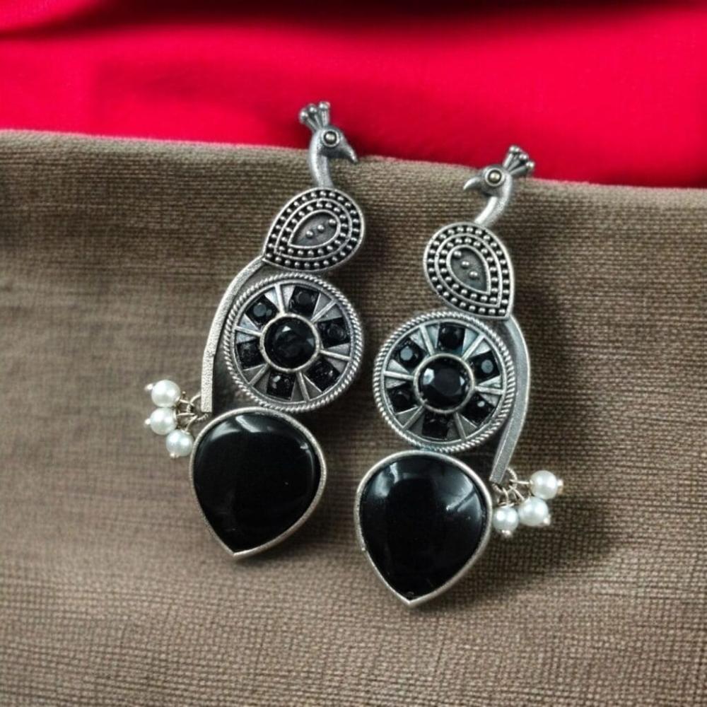 Maharani Jewels Oxidised Plated Pota Stone And Pearls Dangler Earrings