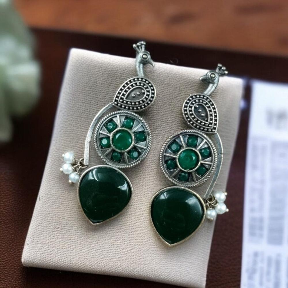 Maharani Jewels Oxidised Plated Pota Stone And Pearls Dangler Earrings