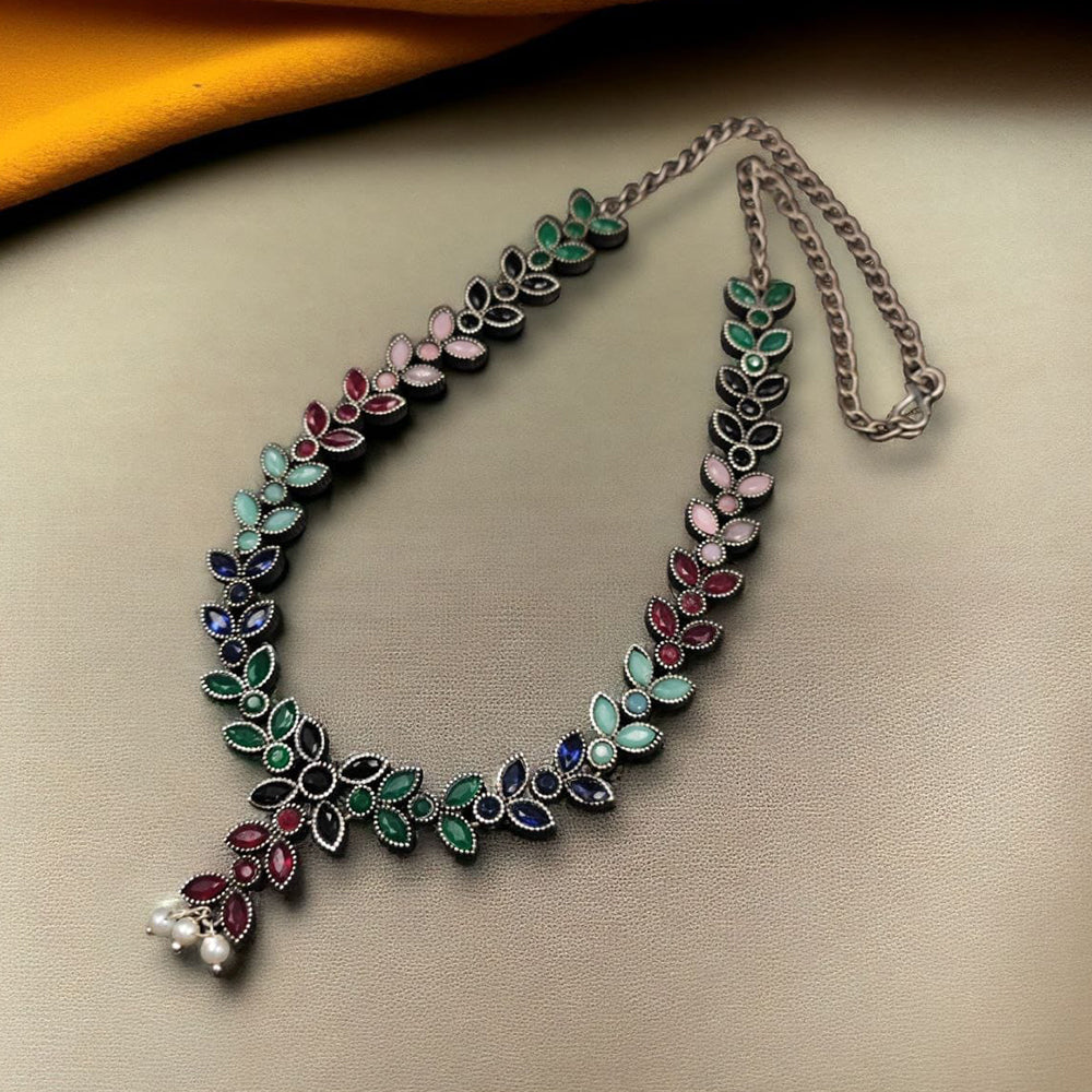 Maharani Jewels Oxidised Finish Pota Stone Traditional Necklace Set